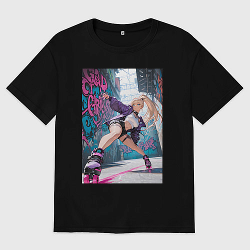 Женская футболка оверсайз Девушка на роликах исполняет трюки / Черный – фото 1