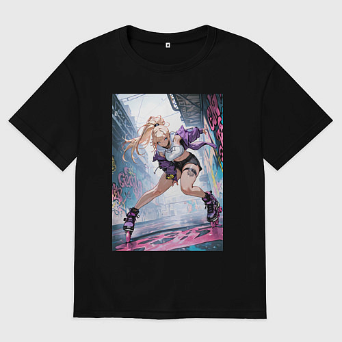 Женская футболка оверсайз Девушка на роликах исполняет трюки / Черный – фото 1