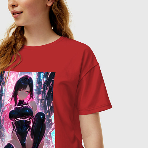 Женская футболка оверсайз Тифа Локхарт из Final Fantasy VII в стиле киберпан / Красный – фото 3