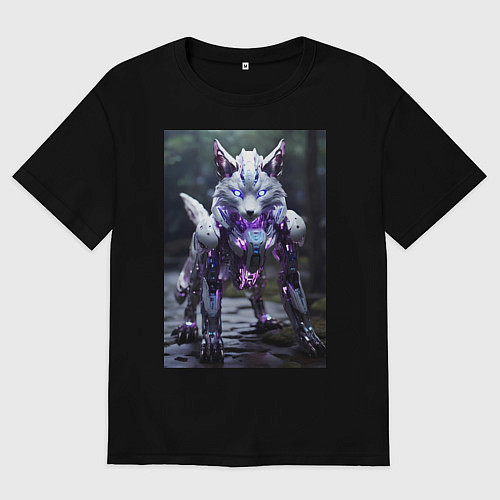 Женская футболка оверсайз Киборг лиса с неоновой подсветкой / Черный – фото 1