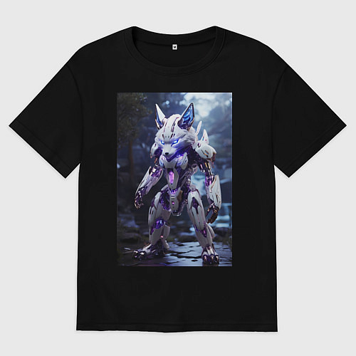 Женская футболка оверсайз Киборг лиса с неоновой подсветкой / Черный – фото 1