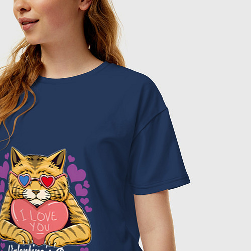 Женская футболка оверсайз Влюбленный котик / Тёмно-синий – фото 3