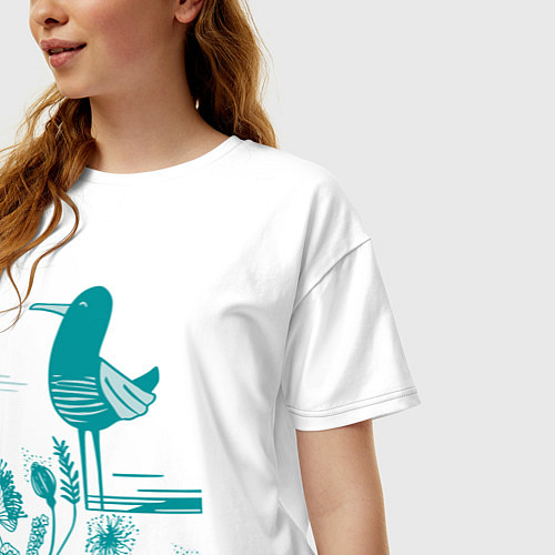 Женская футболка оверсайз Птичка и цветы в голубом / Белый – фото 3