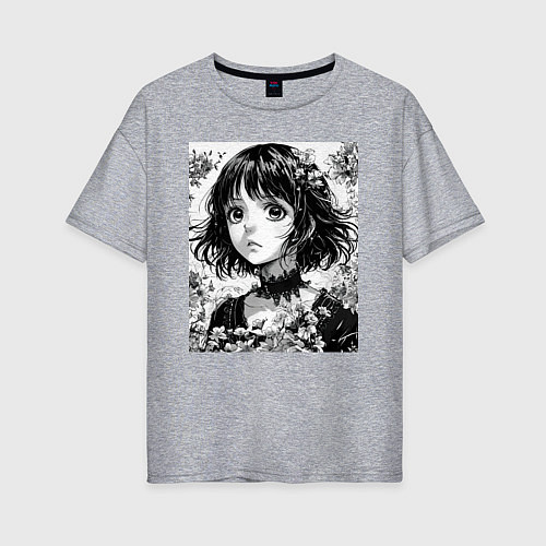 Женская футболка оверсайз Аниме девушка портрет черно-белый / Меланж – фото 1