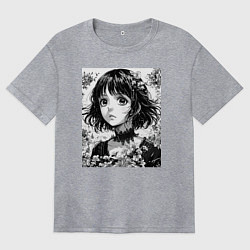 Футболка оверсайз женская Аниме девушка портрет черно-белый, цвет: меланж