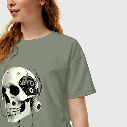 Женская футболка оверсайз Кибернетический череп с проводами / Авокадо – фото 3