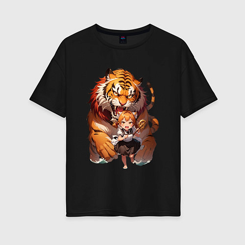 Женская футболка оверсайз Дева в тени тигра / Черный – фото 1