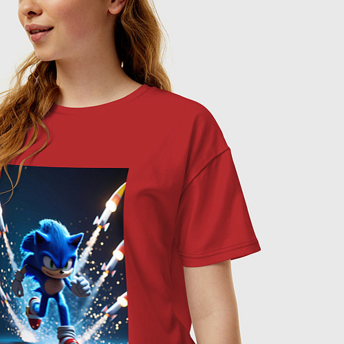 Женская футболка оверсайз Соник убегает от ракет / Красный – фото 3