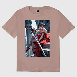 Футболка оверсайз женская Девушка в красном платье с мечем, цвет: пыльно-розовый
