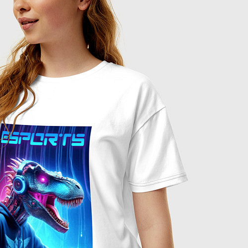 Женская футболка оверсайз Tyrannosaurus is esports player - neon glow / Белый – фото 3