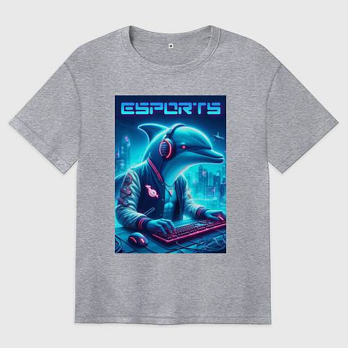 Женская футболка оверсайз Дельфин крутой киберспортсмен - нейроарт / Меланж – фото 1