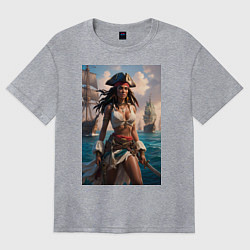 Футболка оверсайз женская Пиратка на фона флотилии кораблей, цвет: меланж