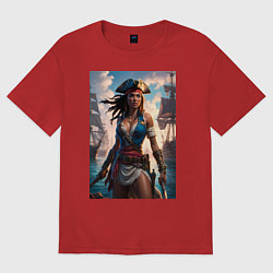 Футболка оверсайз женская Пиратка на фона флотилии кораблей, цвет: красный