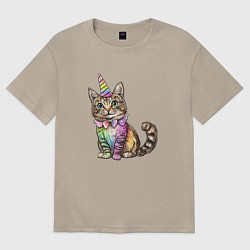 Футболка оверсайз женская Праздничный котик в колпаке единорога, цвет: миндальный