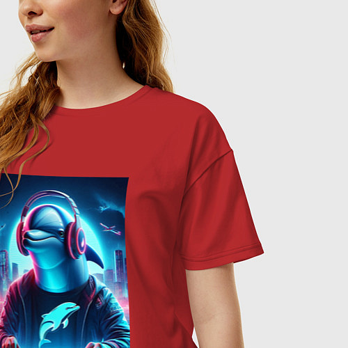 Женская футболка оверсайз Dolphin is esports player - ai art fantasy / Красный – фото 3