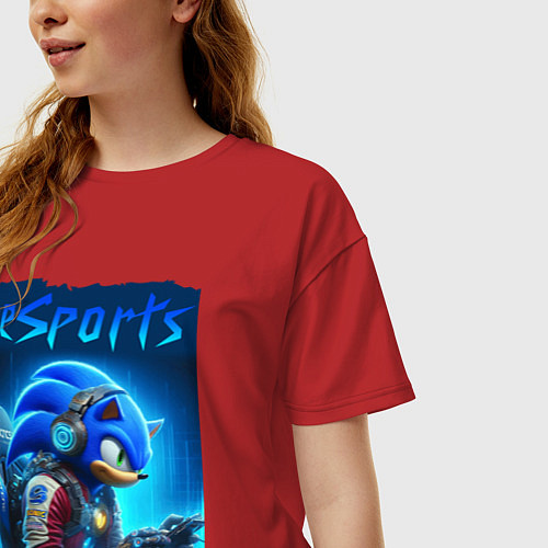 Женская футболка оверсайз Hedgehog Sonic is esports player - neon glow / Красный – фото 3