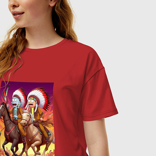 Женская футболка оверсайз Индейцы Рик и Морти скачут на лошадях / Красный – фото 3