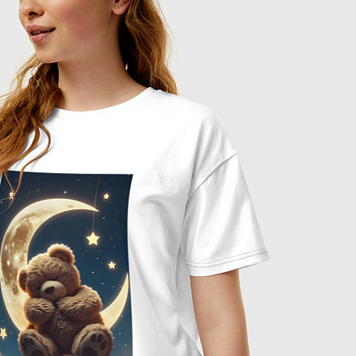 Женская футболка оверсайз Плюшевый мишка сидит на Луне / Белый – фото 3