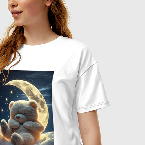 Женская футболка оверсайз Плюшевый мишка сидит на Луне / Белый – фото 3