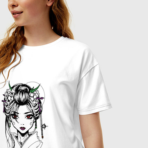 Женская футболка оверсайз Японская девушка с красными глазами / Белый – фото 3