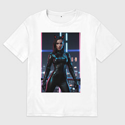 Футболка оверсайз женская Девушка с кошачьими ушами стоит на фоне небоскребо, цвет: белый