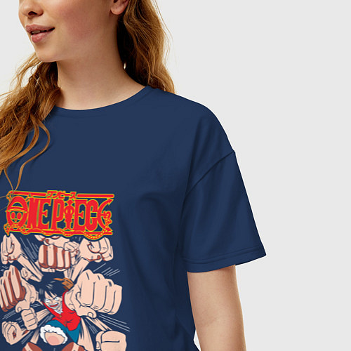 Женская футболка оверсайз Ванпис Луффи кулак / Тёмно-синий – фото 3