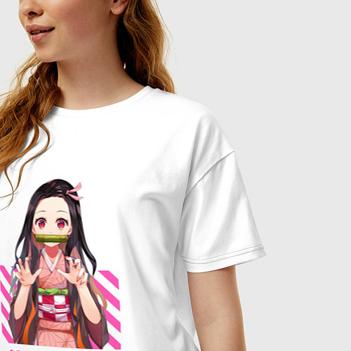 Женская футболка оверсайз Клинок рассекающий демонов Незуко полоска / Белый – фото 3