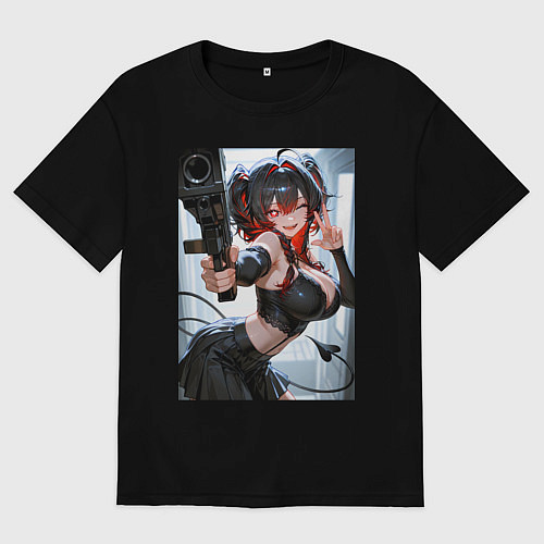 Женская футболка оверсайз Девушка-демон с пистолетом / Черный – фото 1