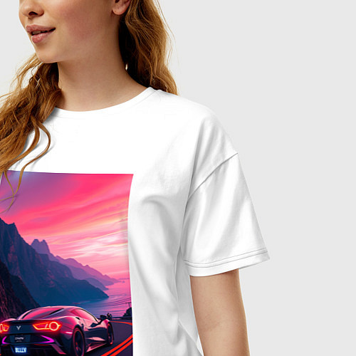 Женская футболка оверсайз Суперкар едет около океана / Белый – фото 3