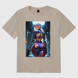 Футболка оверсайз женская Девушка с оружием в киберпанк стиле, цвет: миндальный