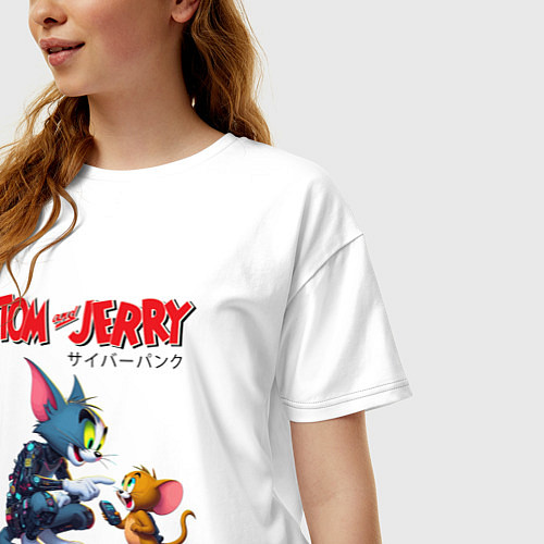 Женская футболка оверсайз Tom and Jerry - cyberpunk / Белый – фото 3