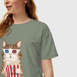 Футболка оверсайз женская Котик киноман в очках 3d, цвет: авокадо — фото 2