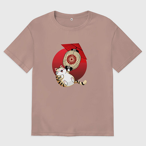 Женская футболка оверсайз Летящий кот на фонарике / Пыльно-розовый – фото 1