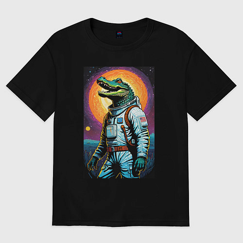 Женская футболка оверсайз Крокодил бравый космонавт - нейроарт / Черный – фото 1