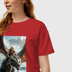 Футболка оверсайз женская Девушка летит на драконе в стиле Игры престолов, цвет: красный — фото 2