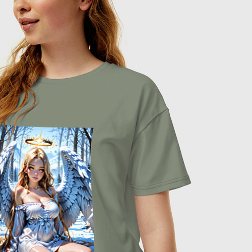 Женская футболка оверсайз Девушка-ангел на снегу в лесу / Авокадо – фото 3
