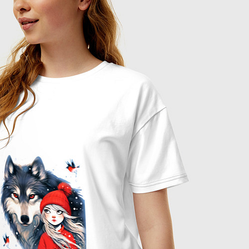 Женская футболка оверсайз Красивый серый волк и шапочка Красная / Белый – фото 3