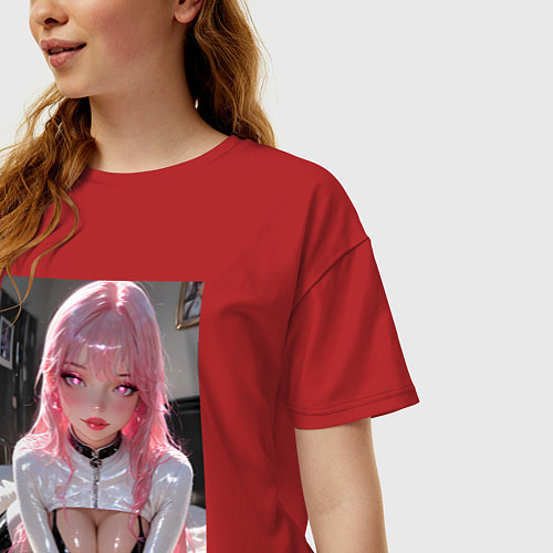 Женская футболка оверсайз Девушка с розовыми волосами в откровенном наряде / Красный – фото 3