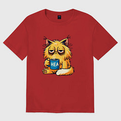 Футболка оверсайз женская Уставший невыспавшийся кот, цвет: красный