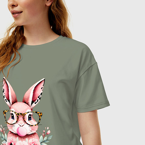 Женская футболка оверсайз Розовая зайка с бубльгумом / Авокадо – фото 3