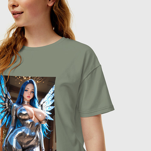 Женская футболка оверсайз Девушка-ангел с механическими крыльями / Авокадо – фото 3