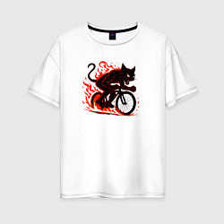 Футболка оверсайз женская Чёрный демонический кот на велосипеде, цвет: белый
