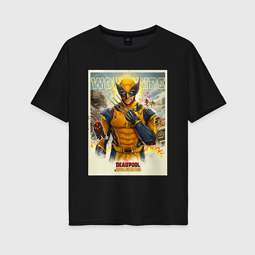 Женская футболка оверсайз Россомаха стоит и дэдпул рядом / Черный – фото 1