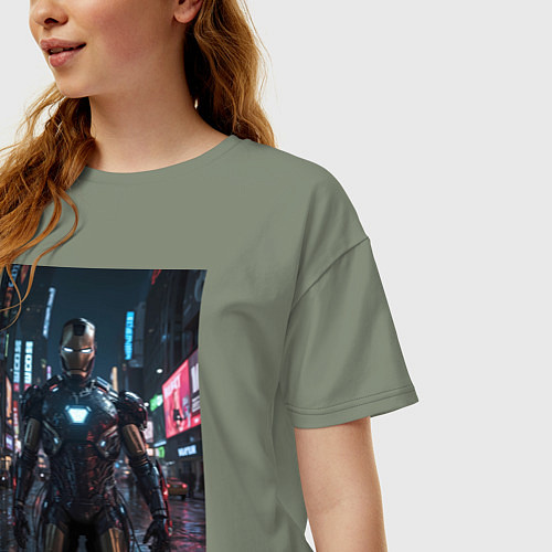 Женская футболка оверсайз Железный человек посреди ночного города / Авокадо – фото 3
