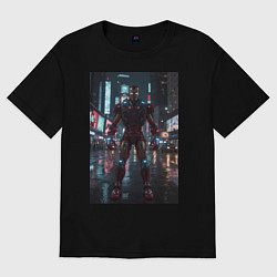 Футболка оверсайз женская Железный человек посреди ночного города, цвет: черный