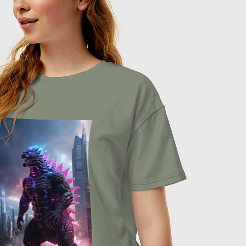 Женская футболка оверсайз Годзилла посреди мегаполиса / Авокадо – фото 3