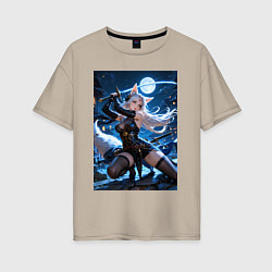 Футболка оверсайз женская Лисица с катаной на фоне полной Луны, цвет: миндальный