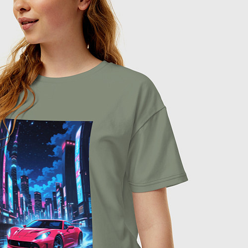 Женская футболка оверсайз Вишневый спорткар по мокрой дороге / Авокадо – фото 3