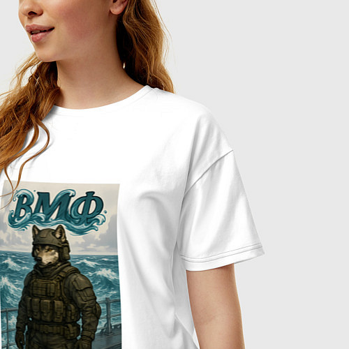 Женская футболка оверсайз ВМФ волк на корабле / Белый – фото 3