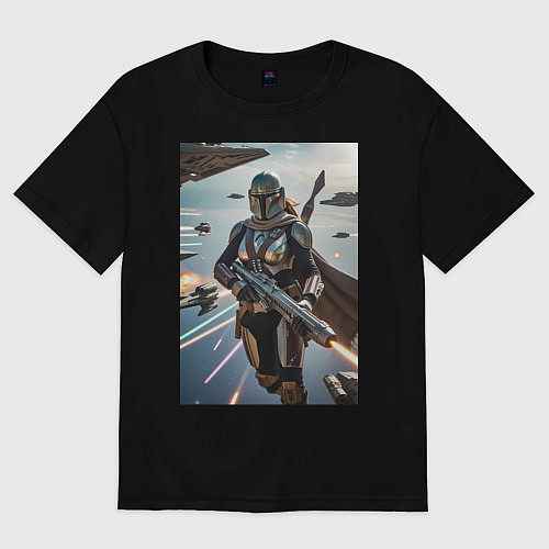 Женская футболка оверсайз Девушка-мандалорец летит в космосе / Черный – фото 1